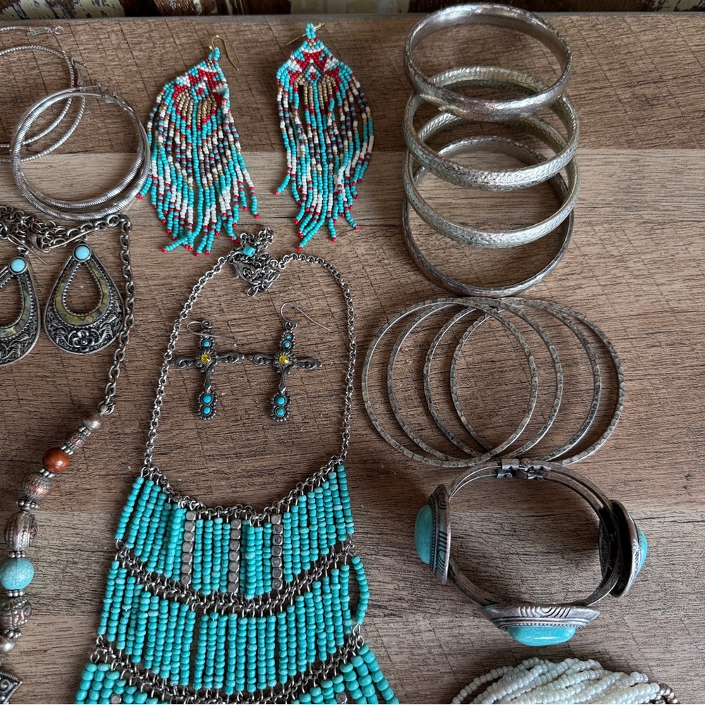 28 Piece Western Statement Jewelry Bundle - Squash Blossom Bracelets Earrings - Picture 7 of 13